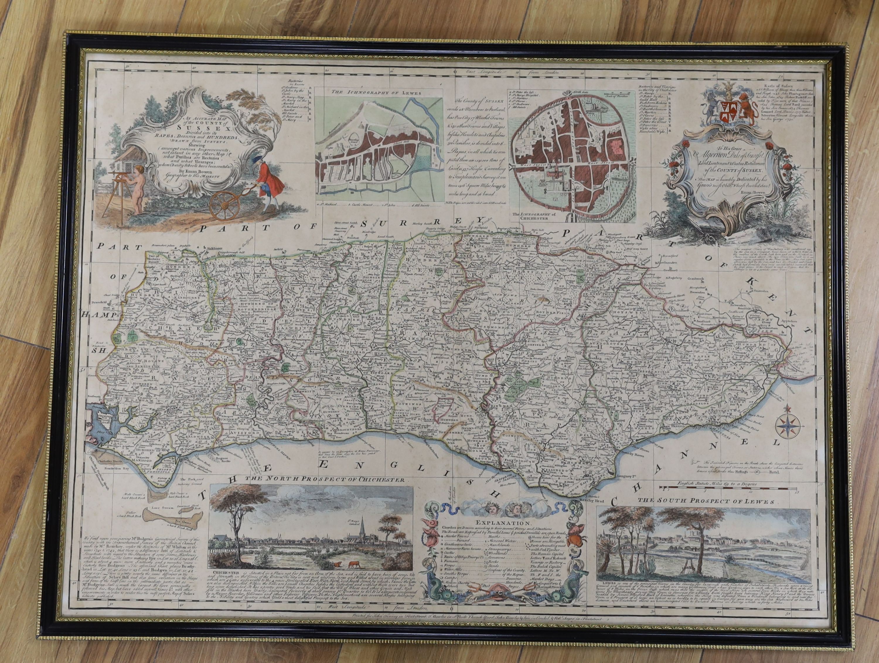 Emmanuel Bowen, coloured engraving, Accurate map of the County of Sussex, 52 x 70cm